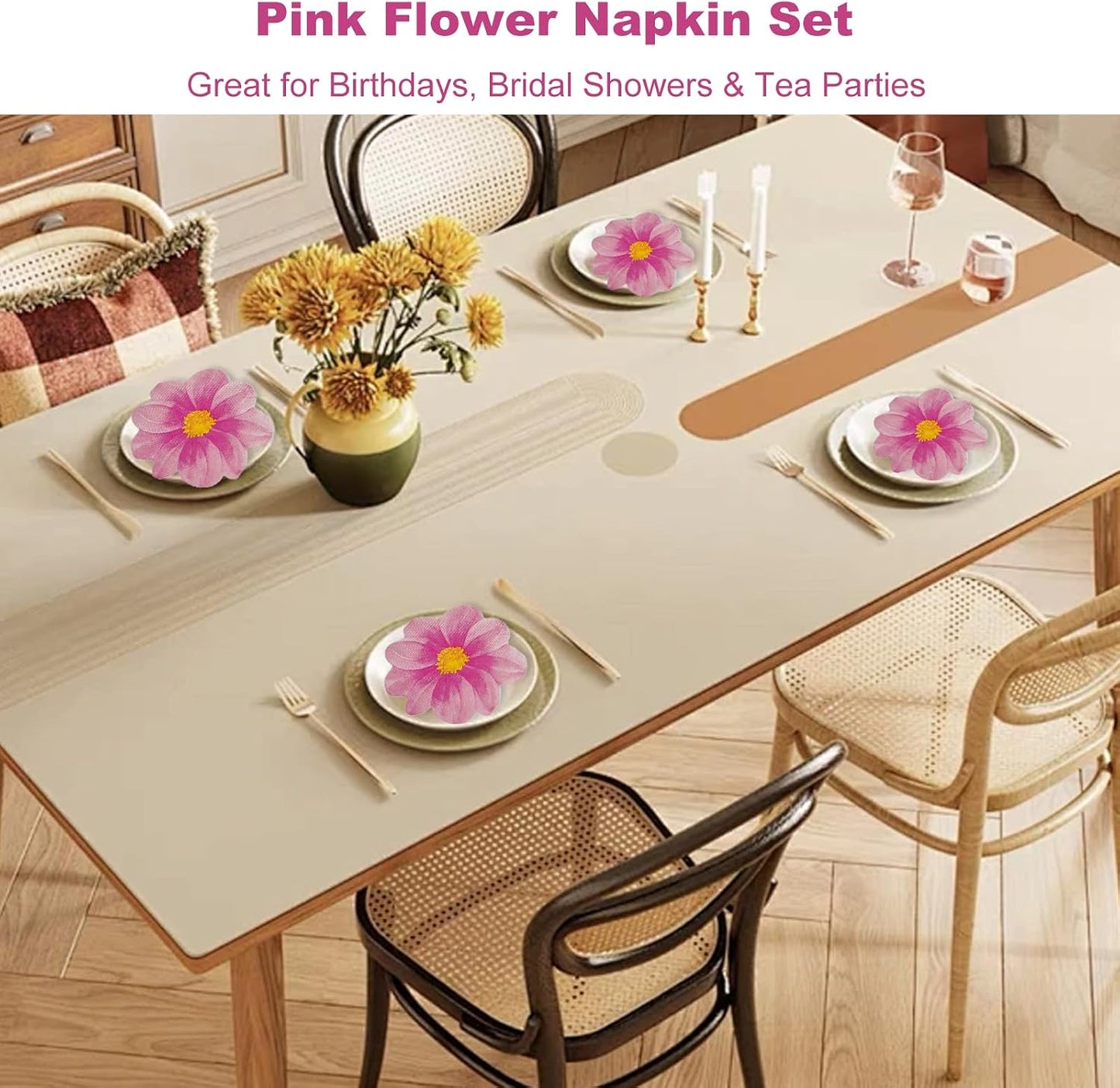 20 Pcs Flower Shaped Napkins Disposable Floral Paper Spring Decorative Tableware for Wedding Bridal Baby Shower Birthday Summer Dinner Party Decor Pink