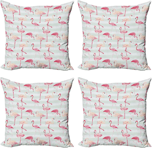 Ambesonne Flamingo Throw Pillow Cover Set of 4, Horizontal Striped Background with Pastel Colored Island Jungle Birds, Square Cushion Covers Decor for Bed Couch Sofa, 18"x18", Mint Green Coral Peach