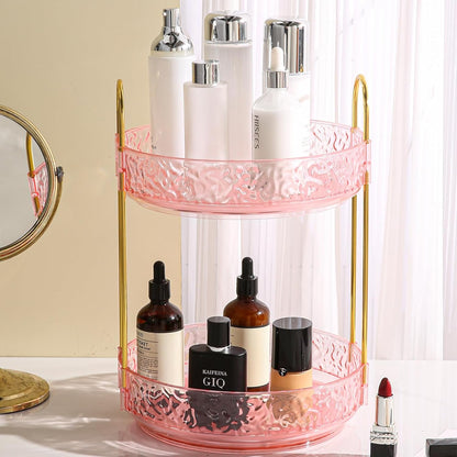 Fangoo Rotating Makeup Organizer for Vanity, 360 Spinning Cosmetic Storage, Perfume Holder for Bathroom Countertop or Dresser (Pink, 3 Tiers)