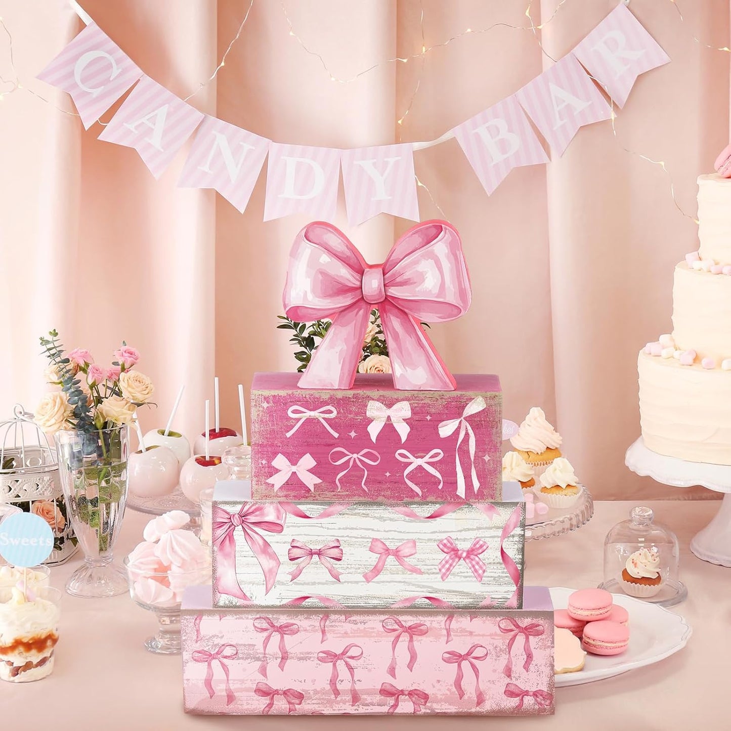 Conelist 4 Pcs Farmhouse Table Decoration Home Sweet Farmhouse Tiered Tray Decor This is Us Centerpiece Rustic Heart Boat Pink Bow Bless Block Sign Gift for Kitchen Table Kitchen Shelf(Pink Bow)