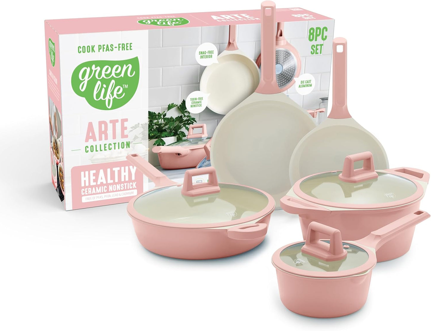 GreenLife 8 Piece Ceramic Nonstick Cookware Set, Induction Suitable Non Toxic PFAS-Free Pots & Pans, Dishwasher Safe, Cooking Set, Stock Pot, Saucepans & Frying Pans, Kitchen Cooking, Light Pink