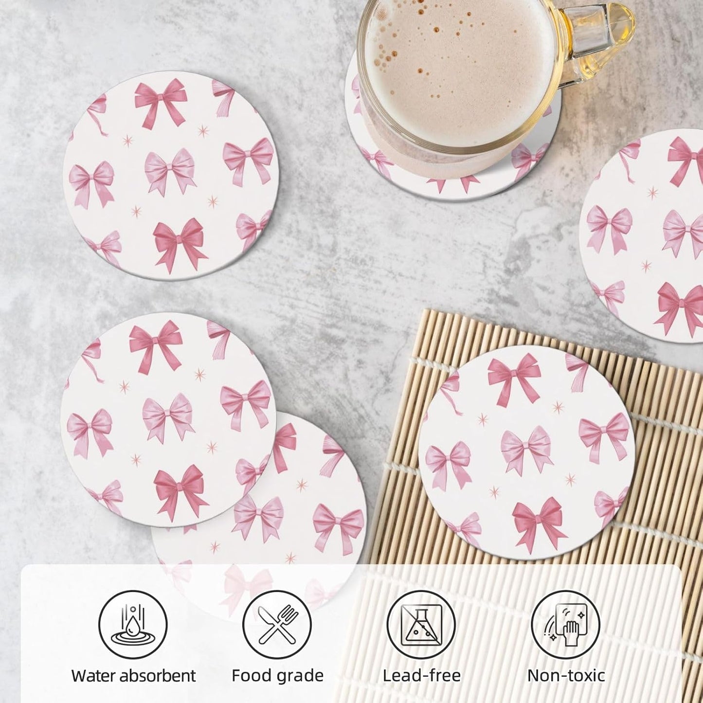 Nine Light Pink Bows Ceramic Coasters with Holder Set of 6 Coffee Cup Drink Coasters