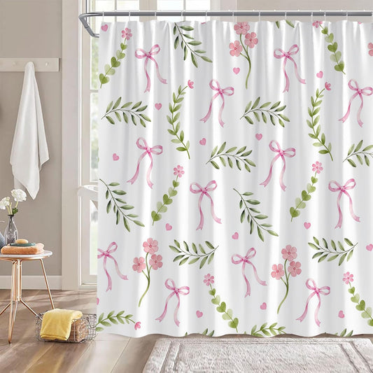 Pink Floral Bow Shower Curtain Green Watercolor Leaves Cute Bow Flowers Romantic Sweet Heart Modern Woman 70" Wx70 H Bathroom Decor Curtain with Hooks
