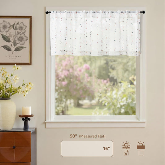 jinchan Valance Curtains for Windows 16 Inch Colorful Mini Pom-Pom Country Farmhouse Kitchen Valance Semi Sheer Voile Samll Window Treatment for Bedroom Living Room Rod Pocket 1 Panel Blush Meadow