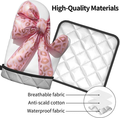 Light Pink Bow Balloon Leopard Print Oven Mitts and Pot Holders Sets,Heat Resistant Potholder Kitchen Decor for Cooking Baking BBQ, Oven Glove Set