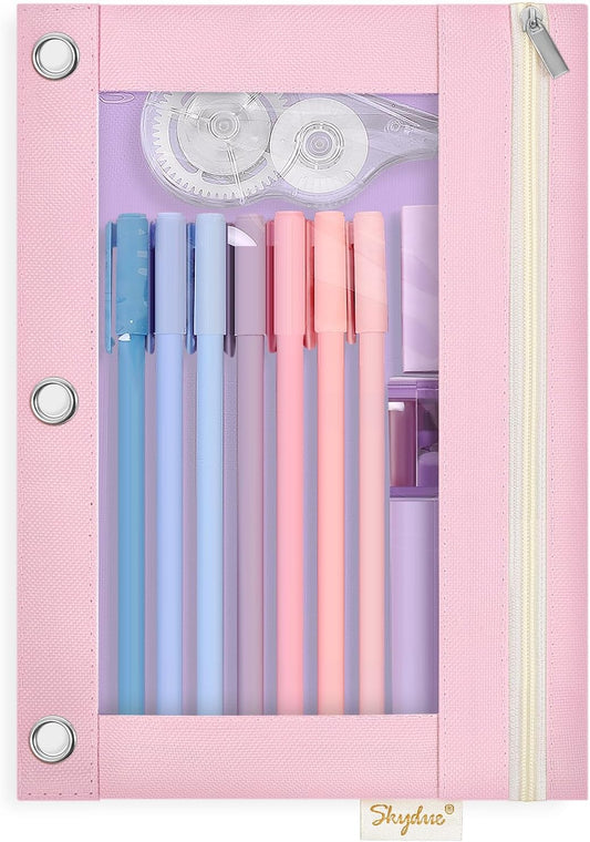 SKYDUE 3 Ring Pencil Pouch for Binder, Zipper Binder Pencil Pouch with 3 Pockets and Mesh Window, Durable Organizer for School Supplies, Cables, Earbuds, Makeup