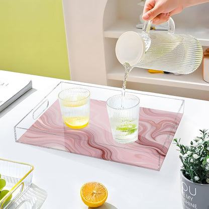Pink Marble Serving Tray 12" x 16" Acrylic Trays with Handles Decorative Serving Platter for Coffee, Breakfast in Bed, Dinner, Appetizers, Patio, Party