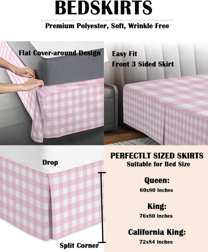 Bed Skirts Queen Size 16 Inch Tailored Drop Peach Pink Buffalo Checked Plaid Wrap Around Bed Skirt with Split Corners Hotel Quality Bedskirt Classic Grid Dust Ruffle for Queen Bed Skirt Bedroom Decor
