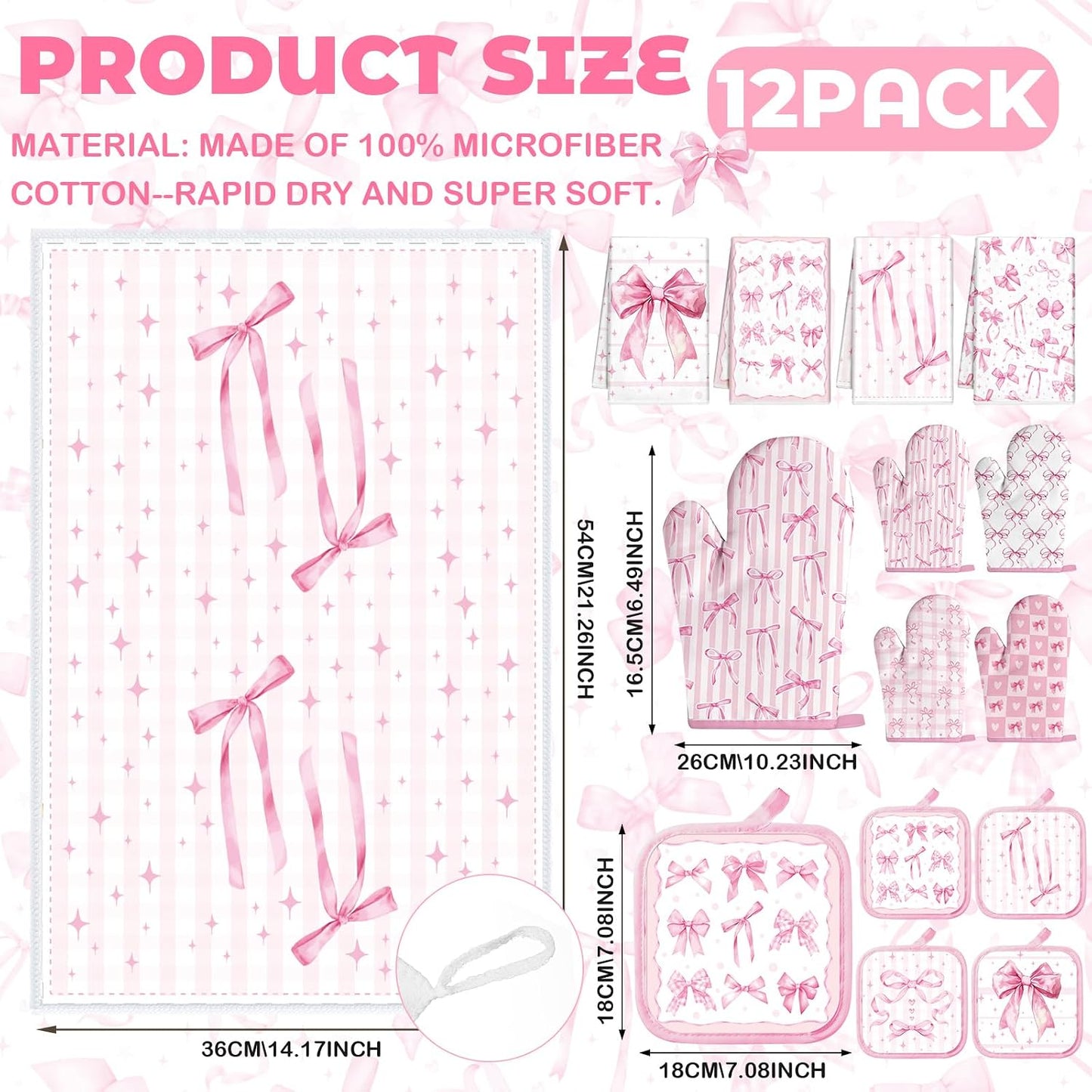 SiliFine 12 Pcs Pink Kitchen Accessories Set Bows Pot Holders Oven Mitts and Kitchen Towels Coquette Potholders Cooking Mittens Oven Glove for Home Baking Cooking Supply Gifts