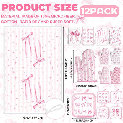SiliFine 12 Pcs Pink Kitchen Accessories Set Bows Pot Holders Oven Mitts and Kitchen Towels Coquette Potholders Cooking Mittens Oven Glove for Home Baking Cooking Supply Gifts