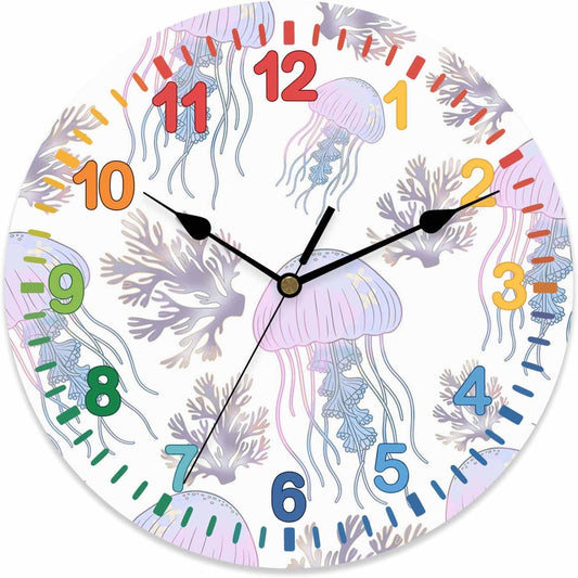 Jellyfish Coral Wall Clock 14 Inch, Dreamy Pink Purple Ocean Coastal Silent Non-Ticking Round Clock Colorful Numbers Decorative Wall Clock for Home Living Room Kitchen Office