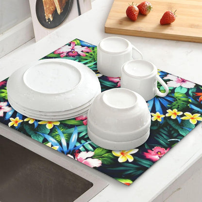 Light Pink Floral Dish Drying Rack Mat for Kitchen Accessories Counter, Flowers Blossom Microfiber Coffee Decor Bar Station Mats Dish Draining Washable Foldable Extra Large 18"x24" Silicone Rubber