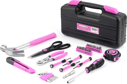 URASISTO 40-Piece Home Tool Kit with Easy Carrying Box, Small Basic Hand Tool Set Perfect for DIY Building, Home Maintenance and Woodworking, Great for College Students - PINK