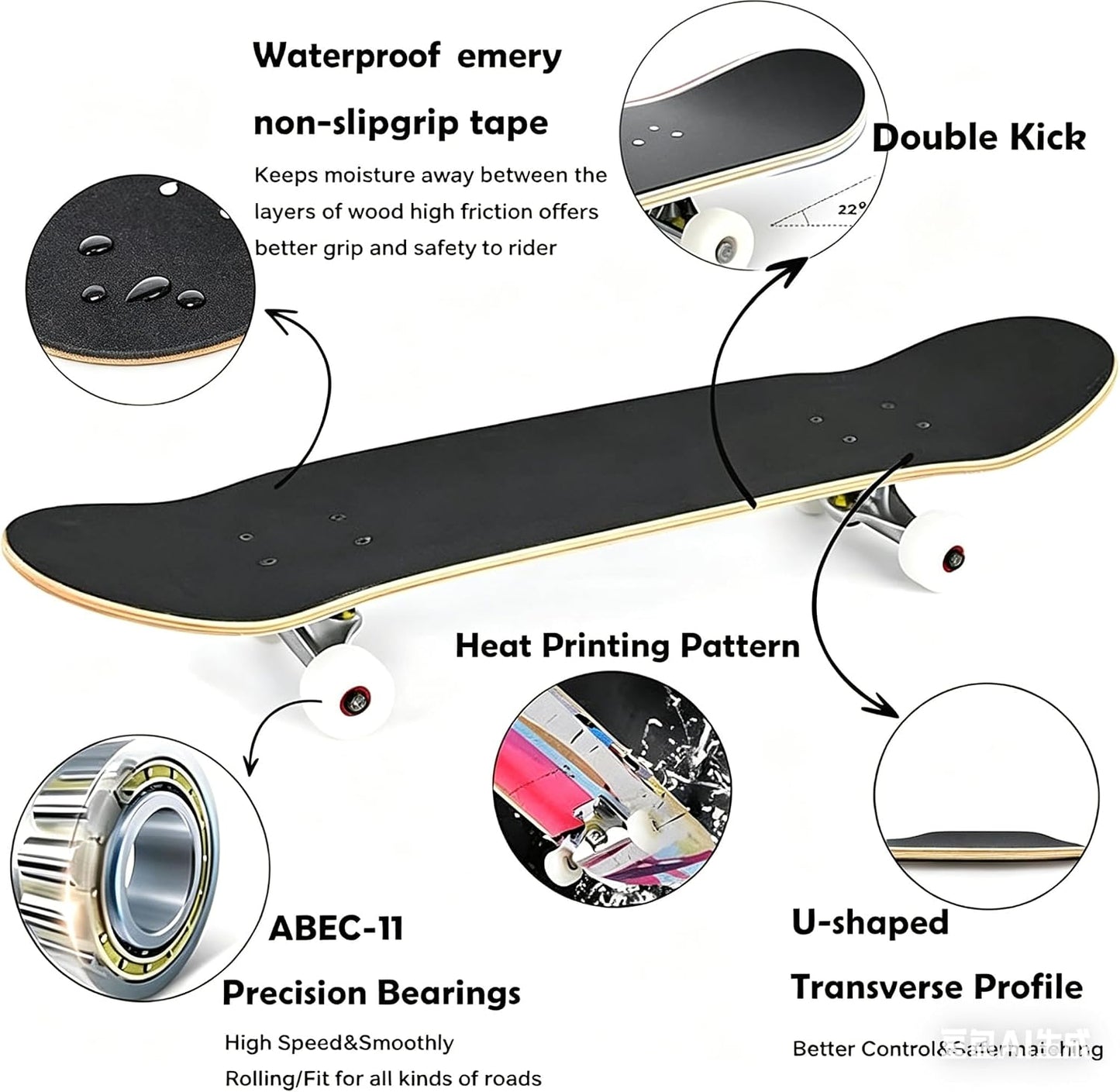 Standard Skateboards for Beginners Kids Boys Girls Youths Adults Starter-Complete Skate Boards 31''x 8'' Maple Wood Skateboard