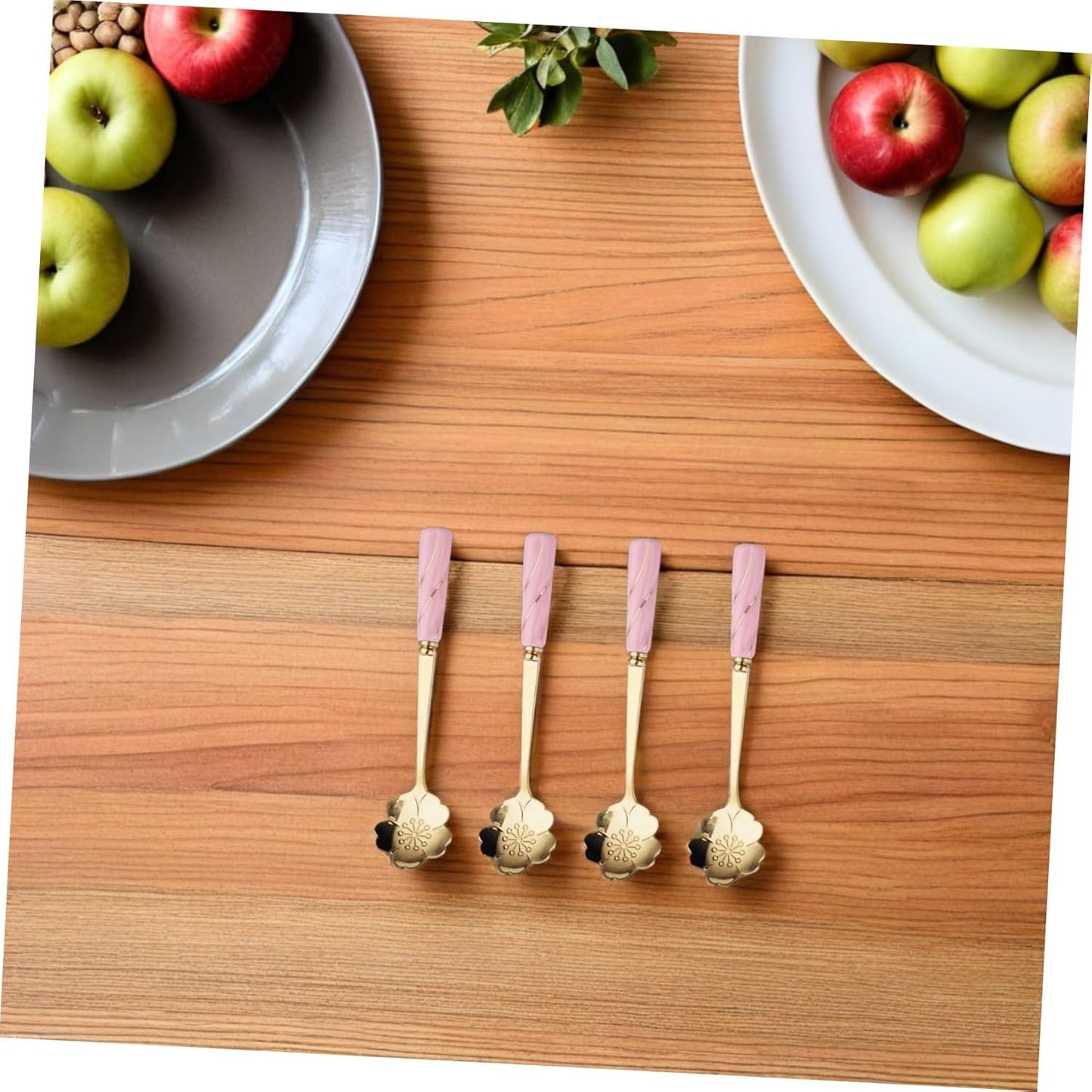 Ipetboom 4pcs Dessert Spoons with Ergonomic Ceramic Handles Multipurpose Flower Design Coffee and Cake Spoons for Household Kitchen Use Pink Gold Cherry Blossom