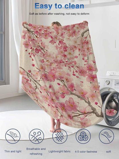 Cooling Blanket for Hot Sleepers, Peaches Branches Lightweight Ice Blanket for Night Sweats, Farmhouse Spring Botanical Pink Flowers Summer Cooling Throw Blankets for Bed/Soft/Travel 30"x40"