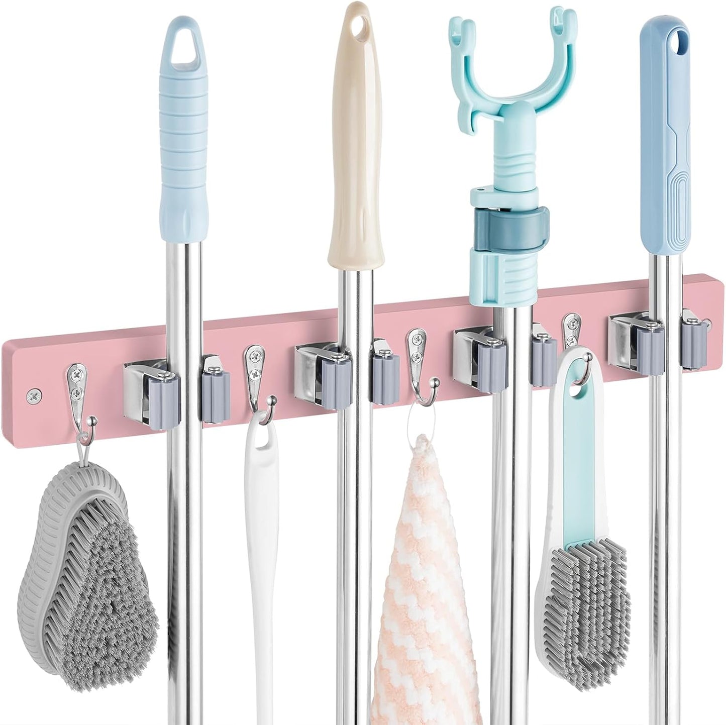 OUTNILI Pink Mop Broom Holder Wall Mount with 4 Slots & 4 Hooks - Wood Broom Mop Hanger for Pantry Closet Laundry Room Kitchen Organization - for Pink Kitchen Decor and Accessories