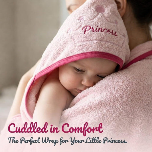 EVERYDAY KIDS Hooded Baby Toddler Bath Towel for Girls - 3D Pink Princess Towel with Crown; Soft and Absorbent Terry Cloth Hooded Towel for Young Kids; Baby Girl Bath Essential