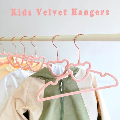 30 Pack Pink Velvet Kids Clothes Hangers - 12.6in for Ages 4-10, with Cute Bear, Rotating Rose Gold Hook, Non-Slip, Space-Saving Slim Felt Hangers for Toddler Coats, Jackets, Dresses