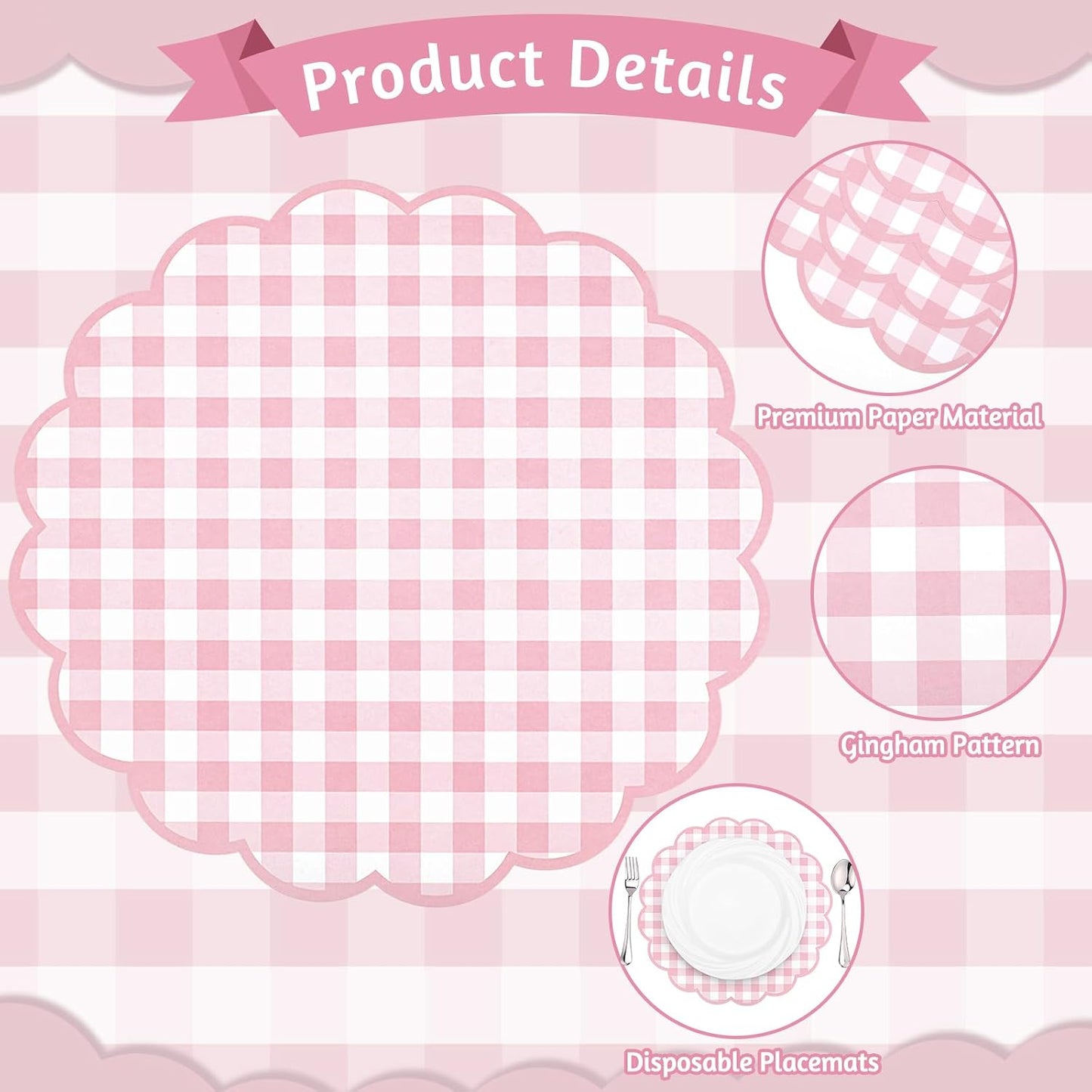 60 Pcs Pink and White Gingham Paper Placemat,13.5 Inch Scalloped Checkered Place Mats Disposable Table Placemats Decorative Paper for Anniversay Baby Shower Wedding Banquet Tea Party Picnic