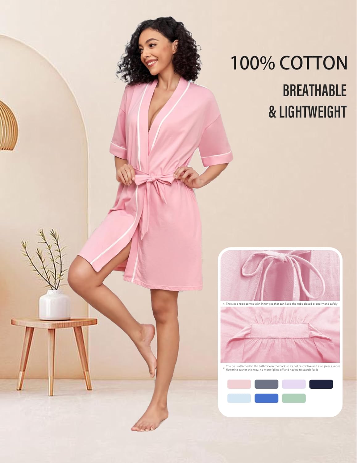 Women's 100% Cotton Robes Summer Lightweight Bathrobe Short Kimono Robe for Women Soft Loungewear with Pockets