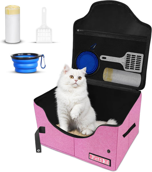 Petskd High Sides Portable Travel Litter Box for Cats with Lid and 10 pcs Liner Bags, Light Weight and Leak-Proof for Road Trips, Hotel Stays, Car Travel(Pink)