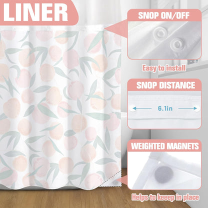 Lifeel No Hook Shower Curtain with Snap in Liner, Peach Allover Fruits Cute Curtains Set with Waterproof Inner Liner for Bathroom, Peachy Pink 72×74 Inches