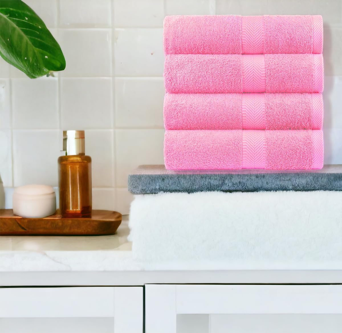 BY LORA 540 GSM Bath Towel Set of 4, 27 x 54 in 100% Ring-Spun Cotton Terry, Mid-Weight Plush Hotel Quality Bath Towels, Pink