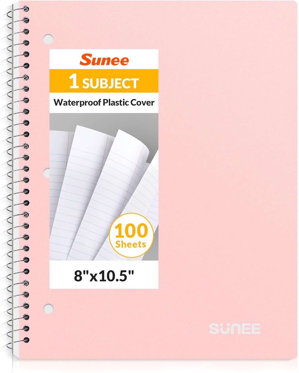 SUNEE Spiral Notebook, 1-Subject, College Ruled Paper, 8" x 10-1/2", 100 Sheets per Notebook, 3-Hole Punched Paper, Water Resistant Cover, Double-sided Pockets, Spiral Lined Notebooks for Work, Pink