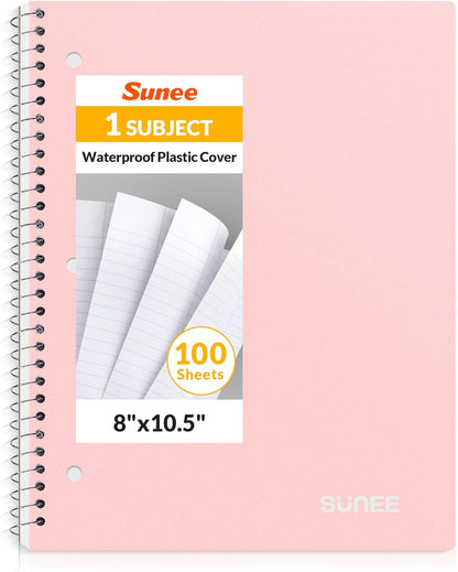SUNEE Spiral Notebook, 1-Subject, College Ruled Paper, 8" x 10-1/2", 100 Sheets per Notebook, 3-Hole Punched Paper, Water Resistant Cover, Double-sided Pockets, Spiral Lined Notebooks for Work, Pink