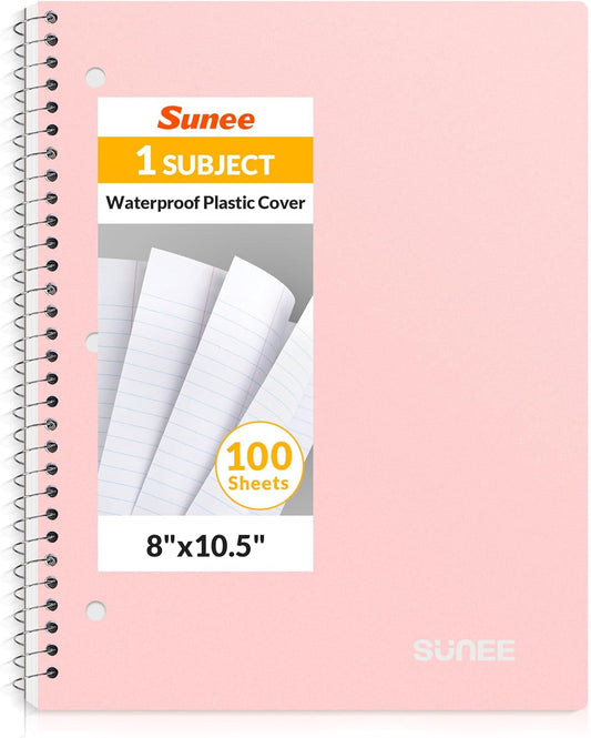 SUNEE Spiral Notebook, 1-Subject, College Ruled Paper, 8" x 10-1/2", 100 Sheets per Notebook, 3-Hole Punched Paper, Water Resistant Cover, Double-sided Pockets, Spiral Lined Notebooks for Work, Pink