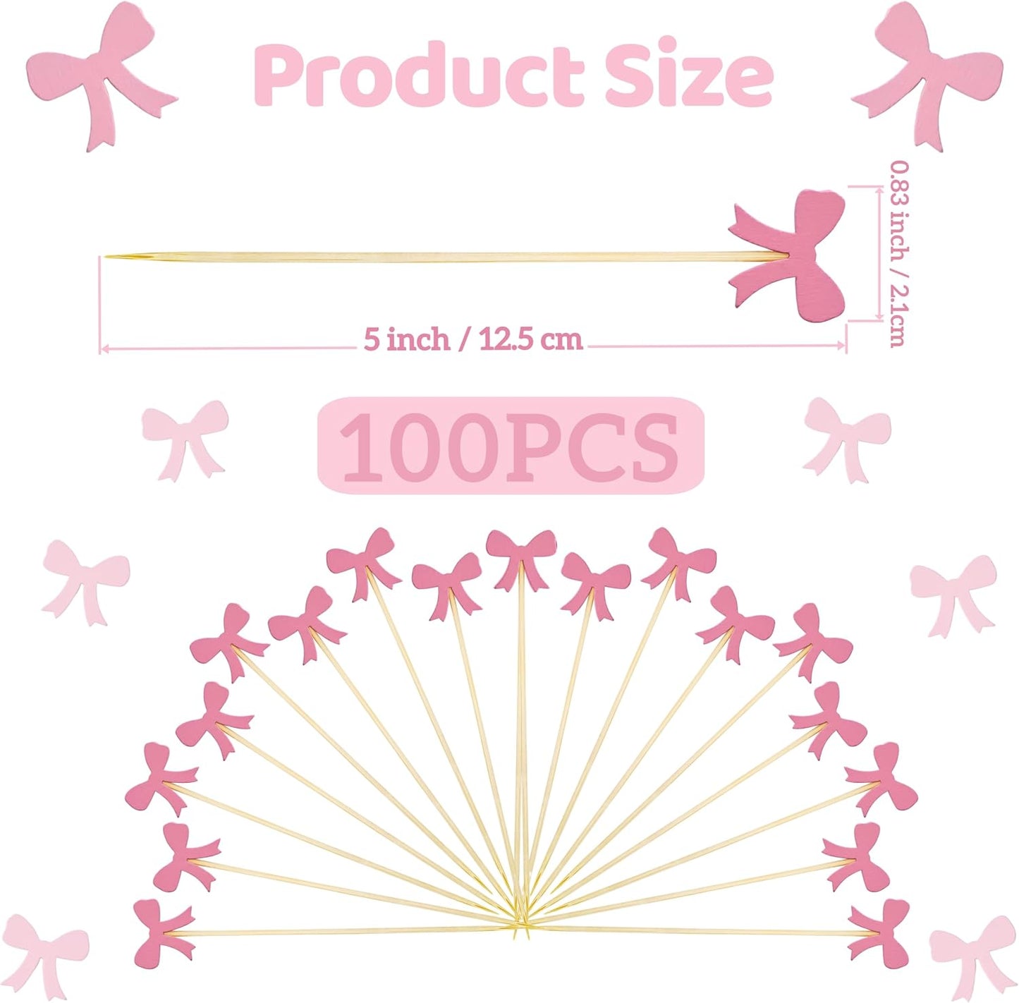 Pink Bow Fruit Skewer Sticks, 5 Inch Food Picks for Baby Shower Appetizers, Sandwich Dessert Toothpicks, Cocktail Drink Garnish for Coquette Birthday Themed Party Decorations (100PCS)