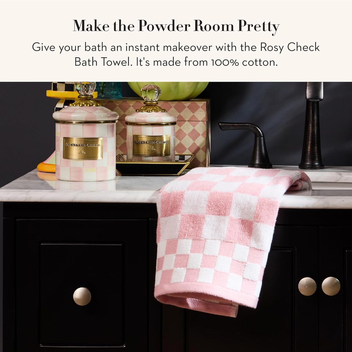 MACKENZIE-CHILDS Cotton Bath Towel, Washable Bath Towel for Bathroom Decor, 28" x 55", Pink-and-White Rosy Check