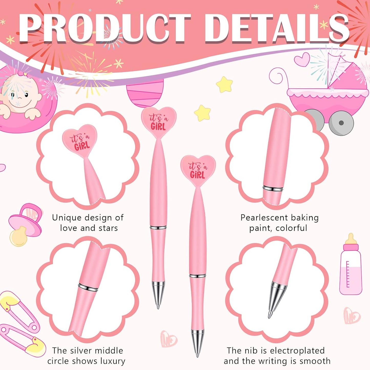 Outus 48 Pcs Pink Baby Shower Pens Bulk Ballpoint Pens It's a Girl Favors Supplies for Guests Baby Shower Birth Announcement Gifts