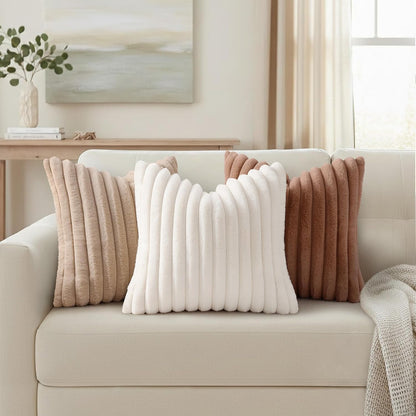 Simmore Faux Fur Couch Throw Pillow Covers 18x18 Set of 2, Decorative Soft Striped Plush Pillow Covers with Velvet Back for Sofa Bed Living Room, Pink