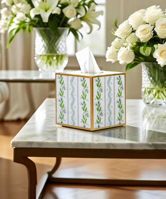 Jaye’s Studio Emma Stripe Blue Tissue Box Cover Green, Multi Color Pink Tissue Holder for Bathroom Accessories Blue, Bedroom, Kitchen, Home Office Decor, Open Bottom Design Fits Standard Cube Tissues