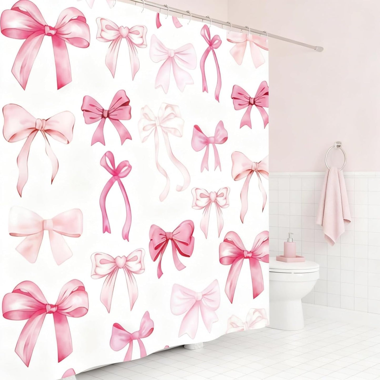 Pink Bow Shower Curtain Cute Coquette Bowknot Shower Curtains for Girls Bathroom Waterproof Polyester Fabric Bath Curtain 72 x 72 Inch with 12 Hooks
