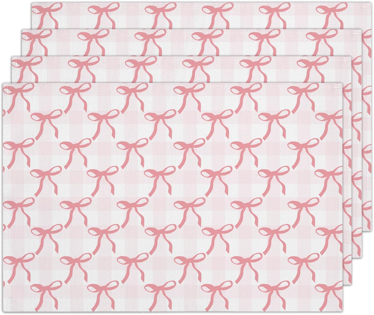 Pink Plaid Bow Placemats Set of 4, Washable Heat Resistant Placemats Kitchen Table Mats,12x18 Inch Place Mats for Home Restaurant Farmhouse, Indoor Outdoor Party Table Decoration -A05