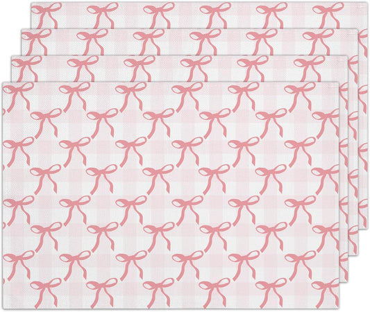 Pink Plaid Bow Placemats Set of 4, Washable Heat Resistant Placemats Kitchen Table Mats,12x18 Inch Place Mats for Home Restaurant Farmhouse, Indoor Outdoor Party Table Decoration -A05