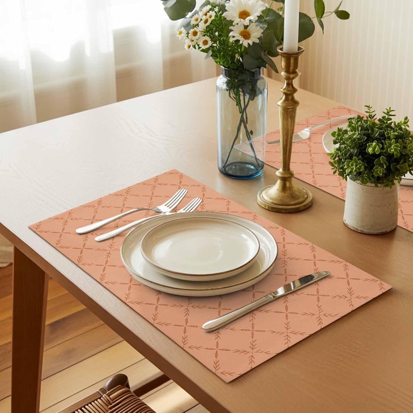 Peach Pink Buffalo Plaid Placemats Set of 12 Diamond Lattice Linen Place Mats Washable Table Mats Indoor/Outdoor Placemats for Dinging Table, 13 x 19 Inches
