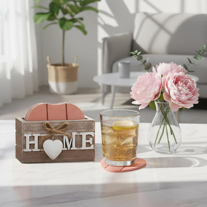 Patelai Set of 6 Wooden Heart Coasters House Warming Gifts New Home White Elephant Gifts for Adults Funny Farmhouse Coasters with Holder for Coffee Table Protection Decoration(Home,Warm Pink)