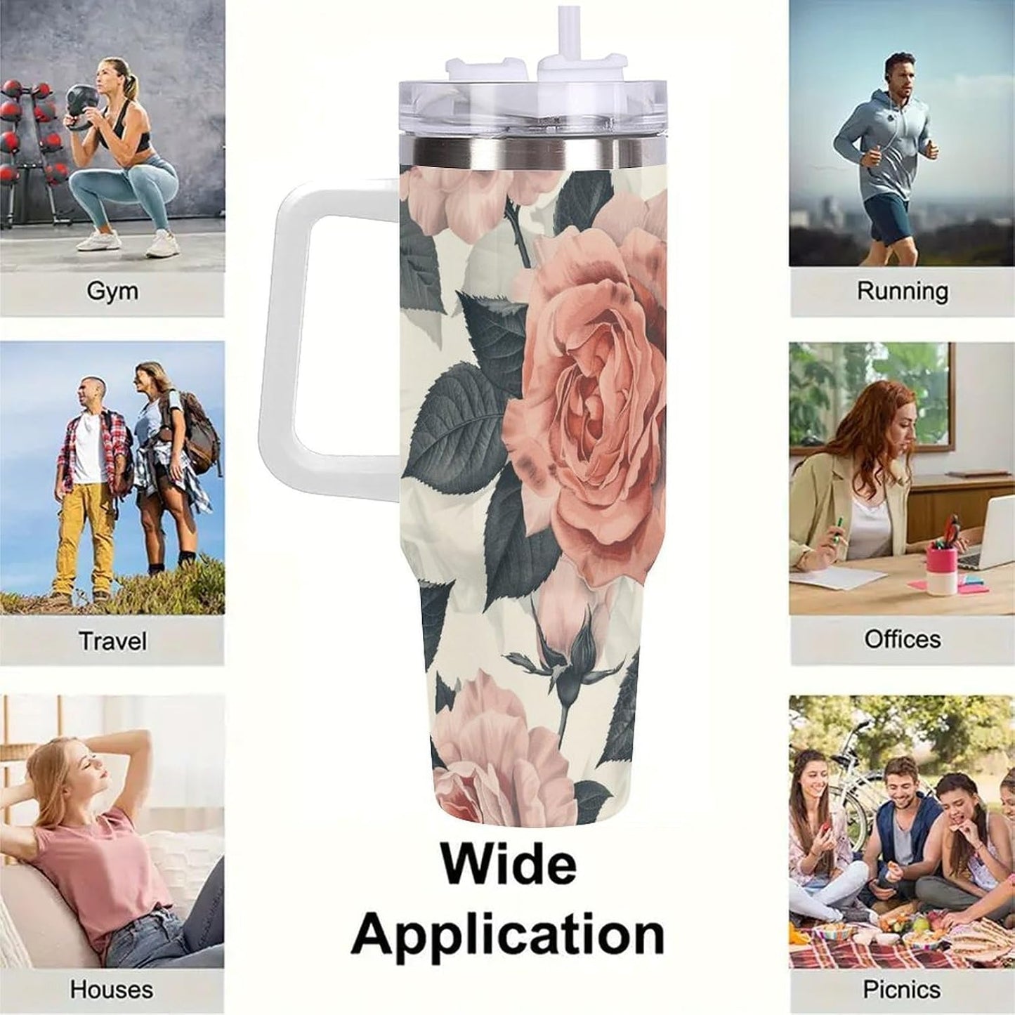 40oz Tumbler with Handle, Peach And White Rose Pattern Printed Stainless Steel Travel Mug, Insulated Car Cup with Straw, Keeps Drinks Hot & Cold, Personalized Gift for Women & Men