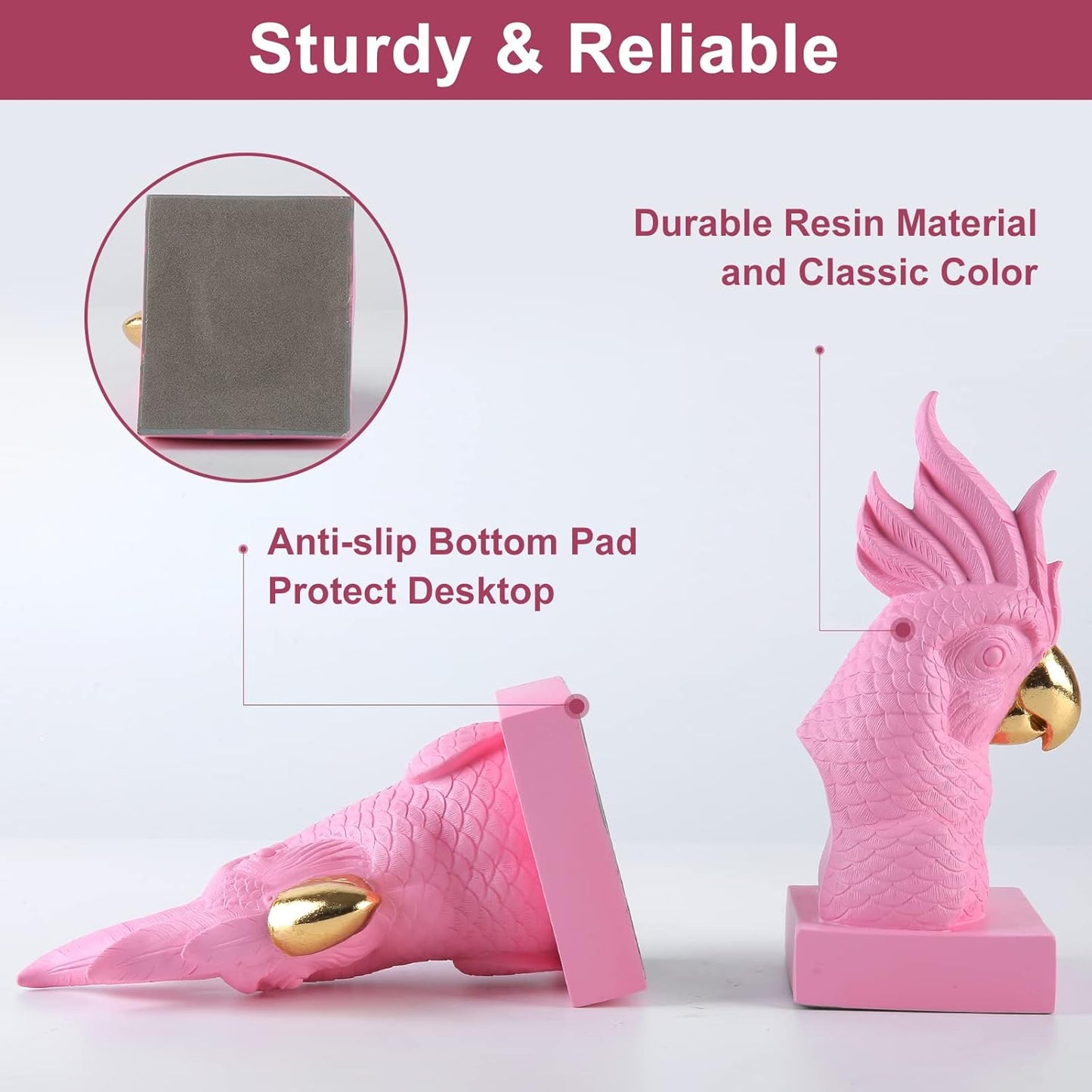 Pink Parrot Decorative Bookends,Set of 2 Cute Bird Animal Sculpture Book Ends to Hold Hevay Duty Books,Unique Resin Statues Book Stopper for Home Office Desk Bookshelf Decor