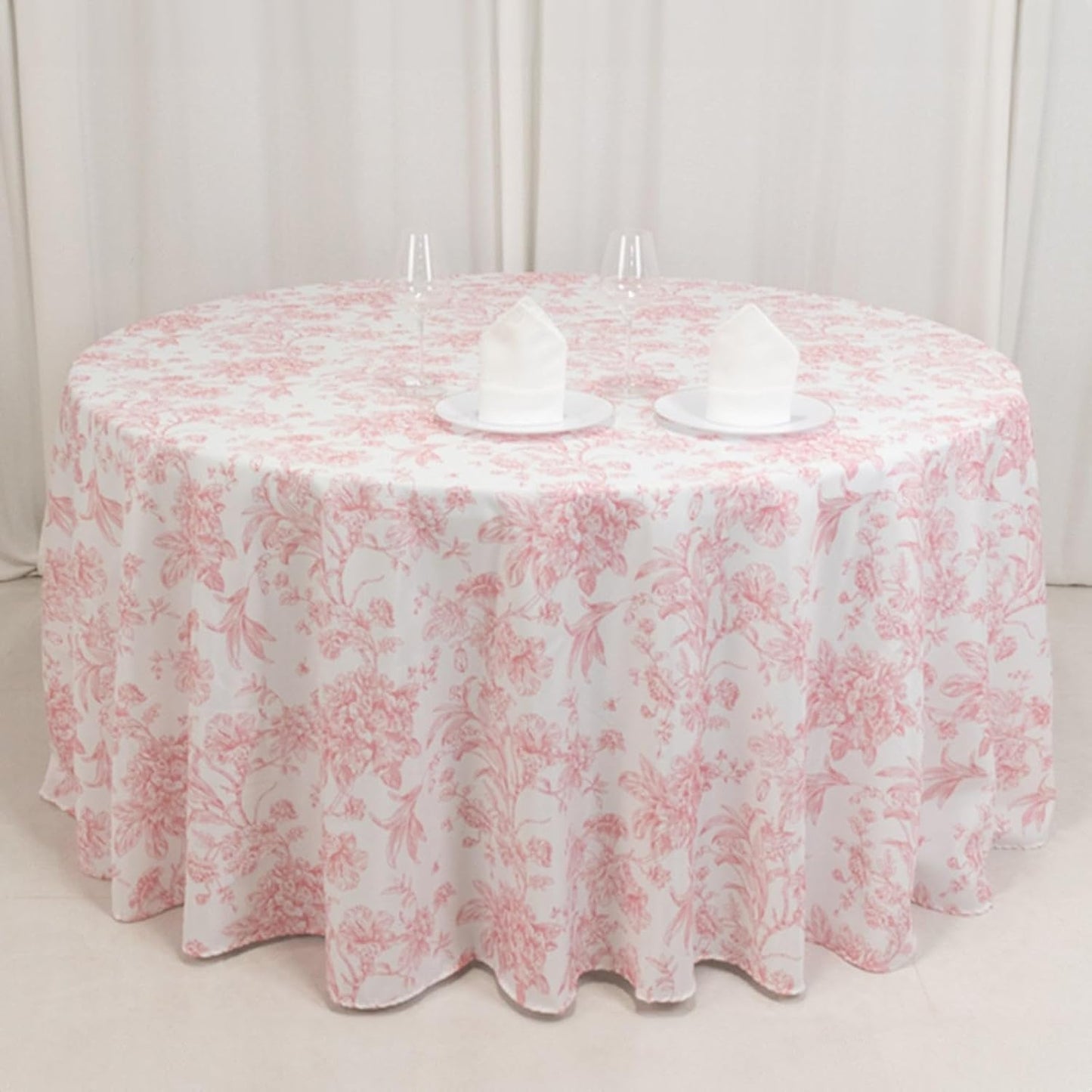 Efavormart Polyester Round Tablecloth 120" White with Pink French Toile Pattern - Sophisticated Table Cover for Chic Weddings & Events