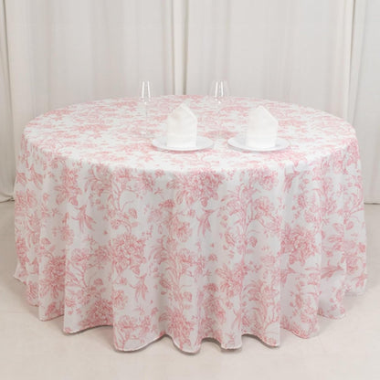 Efavormart Polyester Round Tablecloth 120" White with Pink French Toile Pattern - Sophisticated Table Cover for Chic Weddings & Events