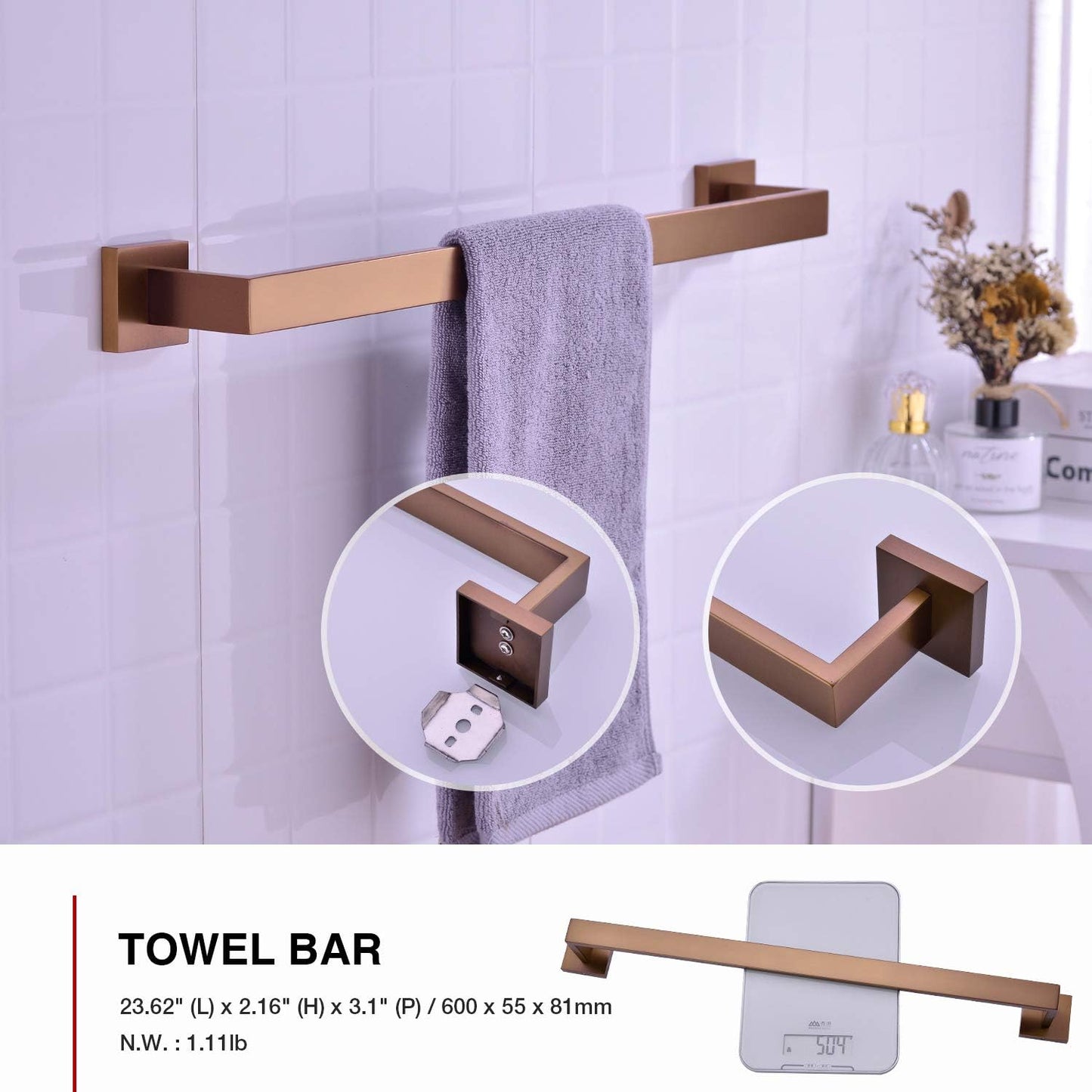 TRUSTMI Contemporary 5-Pieces Bathroom Hardware Set Towel Bar Robe Hook Toilet Roll Paper Holder, SUS 304 Stainless Steel Wall Mounted, Brushed Rose Gold