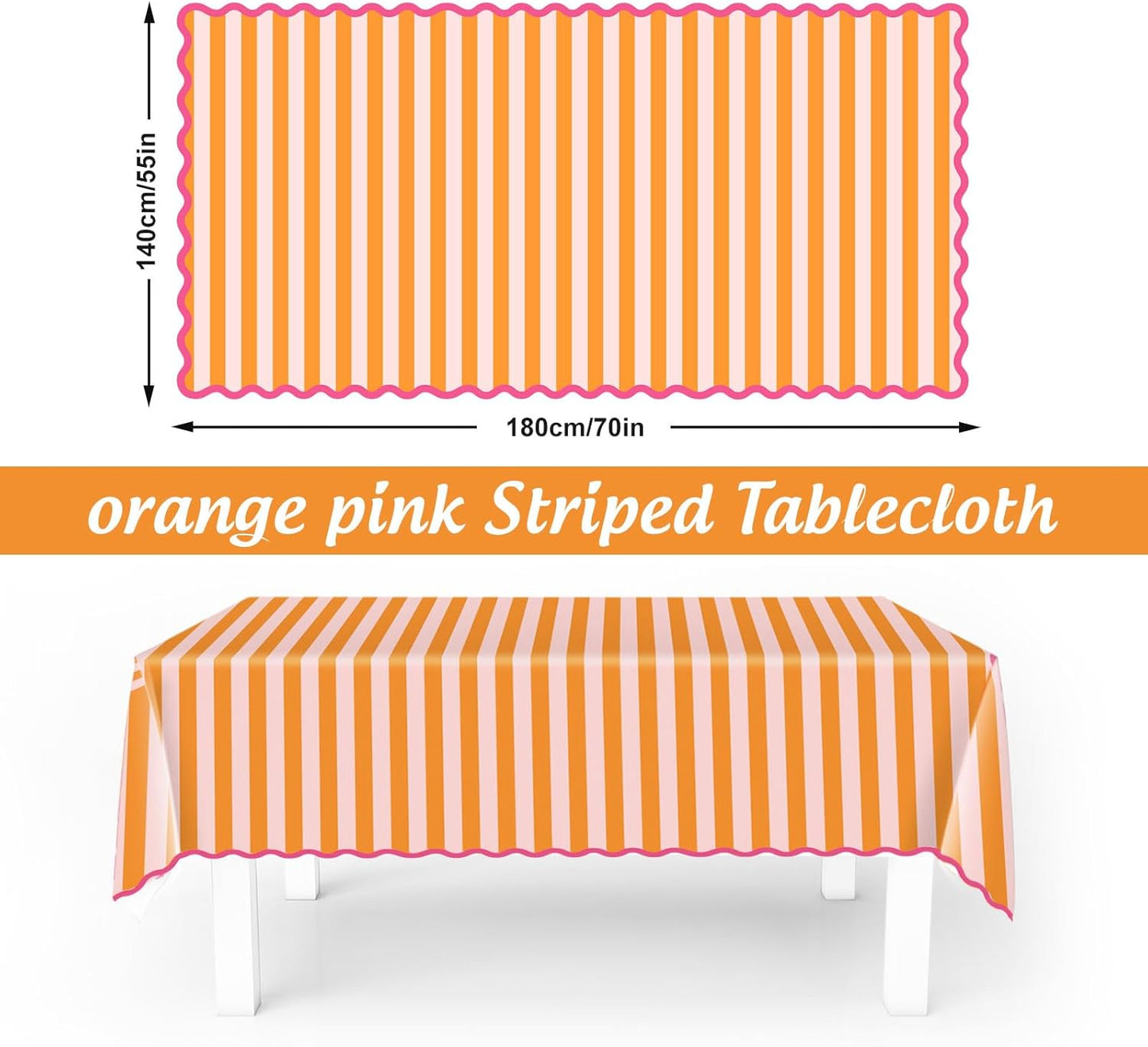 Whaline Scalloped Edge Tablecloth, Orange Pink Striped, 55 x 70 Inch | Waterproof Fabric Tablecloth, Rectangle Table Cover, for Home Kitchen Table Decoration
