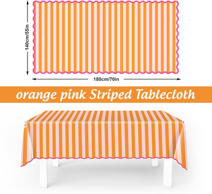 Whaline Scalloped Edge Tablecloth, Orange Pink Striped, 55 x 70 Inch | Waterproof Fabric Tablecloth, Rectangle Table Cover, for Home Kitchen Table Decoration