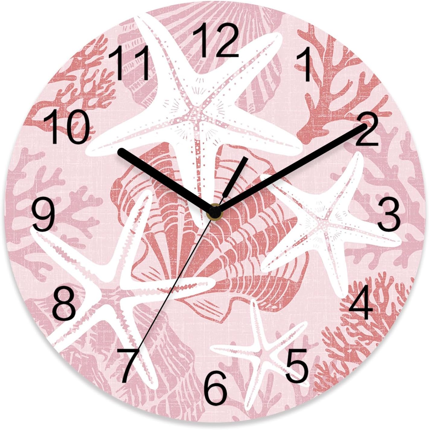 Starfish Wall Clock Battery Operated Non-Ticking 10" Round Wood Clocks, Coastal Starfish Sea Snail Coral Plaid Pink Kitchen Wall Clock for School Bathroom Living Room Home Office Wall Decor