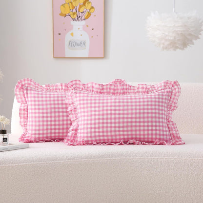 2 Pack Pink White Plaid Ruffle Gingham Throw Lumbar Pillow Shams, 100% Washed Cotton Girly Farmhouse Decorative Checkered Pillow Covers Zipper Closure - 20''x12''